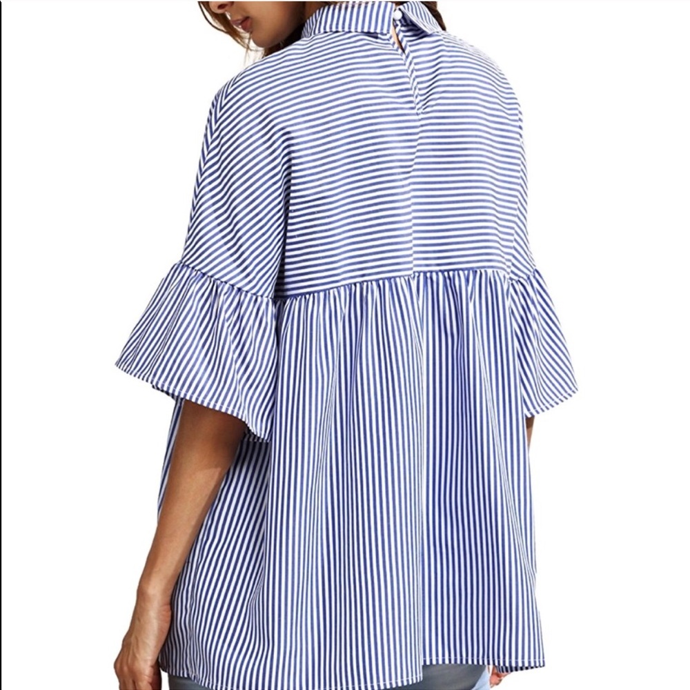 Blue and White Henley Ruffle Top XS - Picture 3 of 4